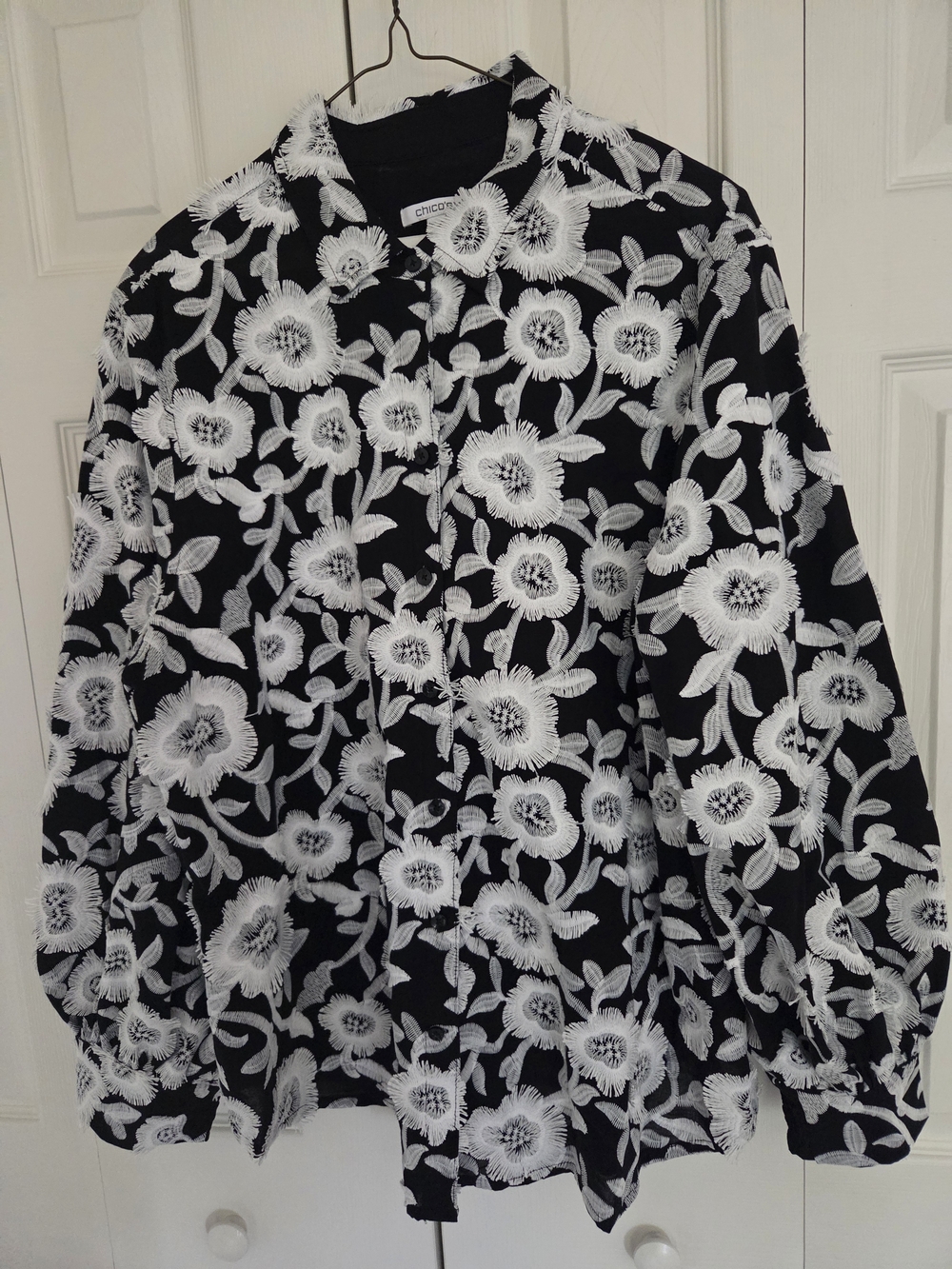 Chico's Black Blouse with White Floral Embroidery